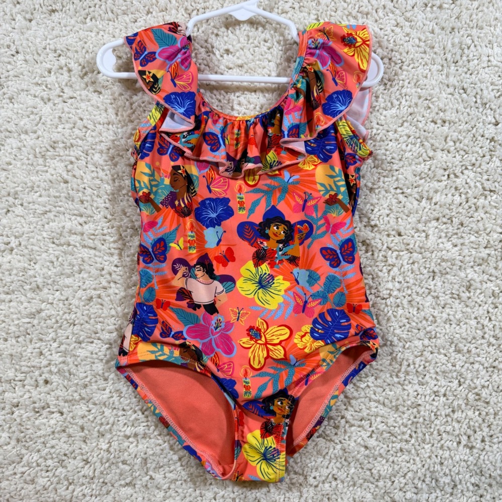 Disney Parks Encanto Mirabel Ruffle One Piece Swimsuit 5/6 Orange Tropical Swim